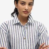 Casual Linen Boyfriend Shirt - Women - Blue Wide Stripe