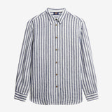 Casual Linen Boyfriend Shirt - Women - Blue Wide Stripe