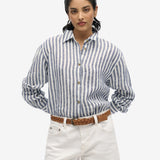 Casual Linen Boyfriend Shirt - Women - Sea Blue Chambray