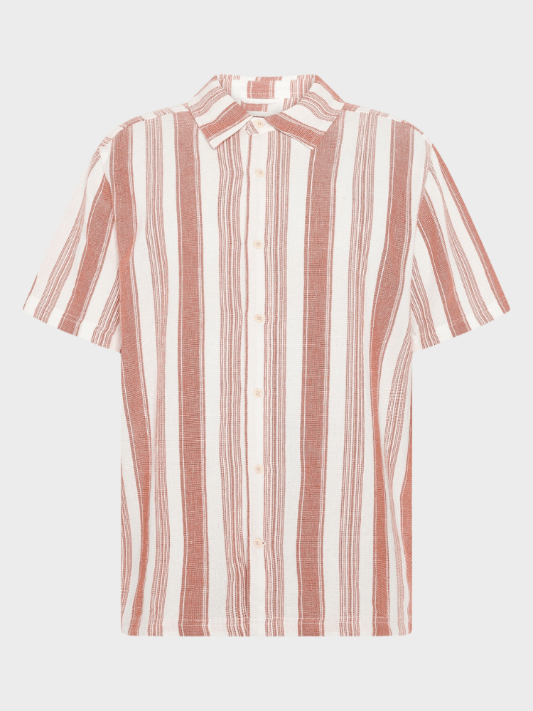 KNOWLEDGE COTTON APPAREL Stribet Skjorte m/korte ærmer - Herre - Red Stripe