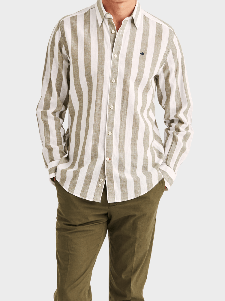 Morris Douglas Linen Mix Stripe Shirt-Classic Fit - Olive