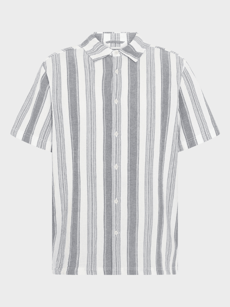 KNOWLEDGE COTTON APPAREL Stribet skjorte m/korte ærmer - Herre - Blue stripe
