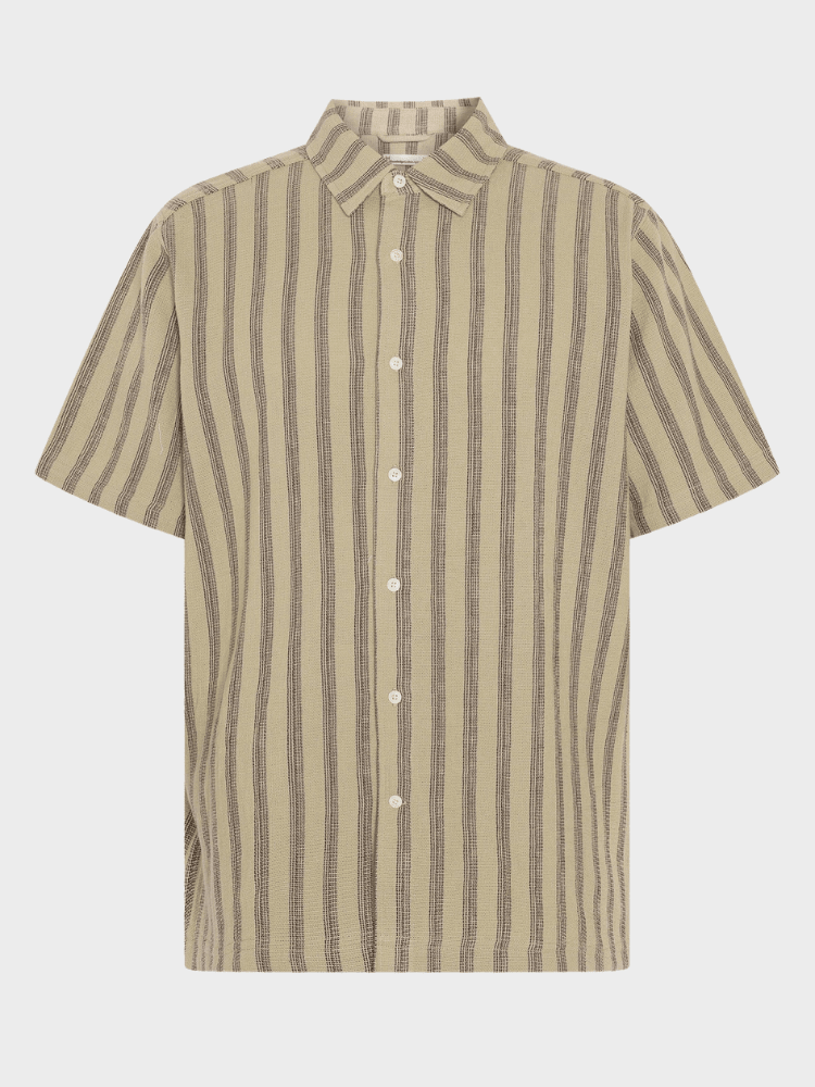 KNOWLEDGE COTTON APPAREL Stribet Skjorte m/korte ærmer - Herre - Beige stripe