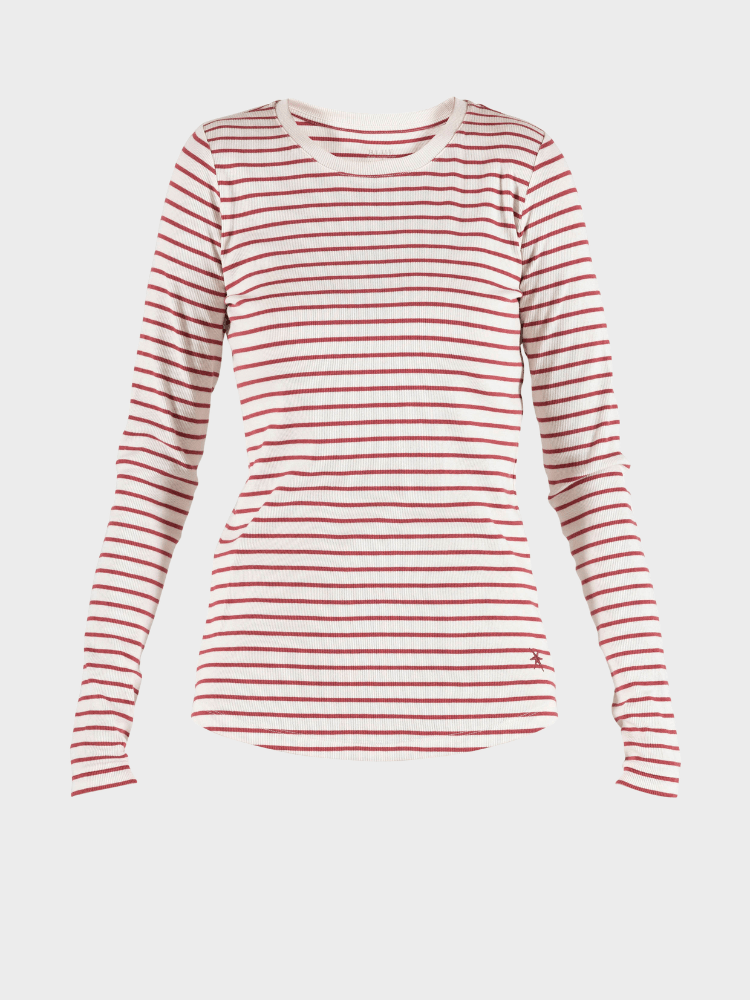 Ditte striped LS rib T-shirt - Dame - Ecru w/Cranberry - Gumpel & Co