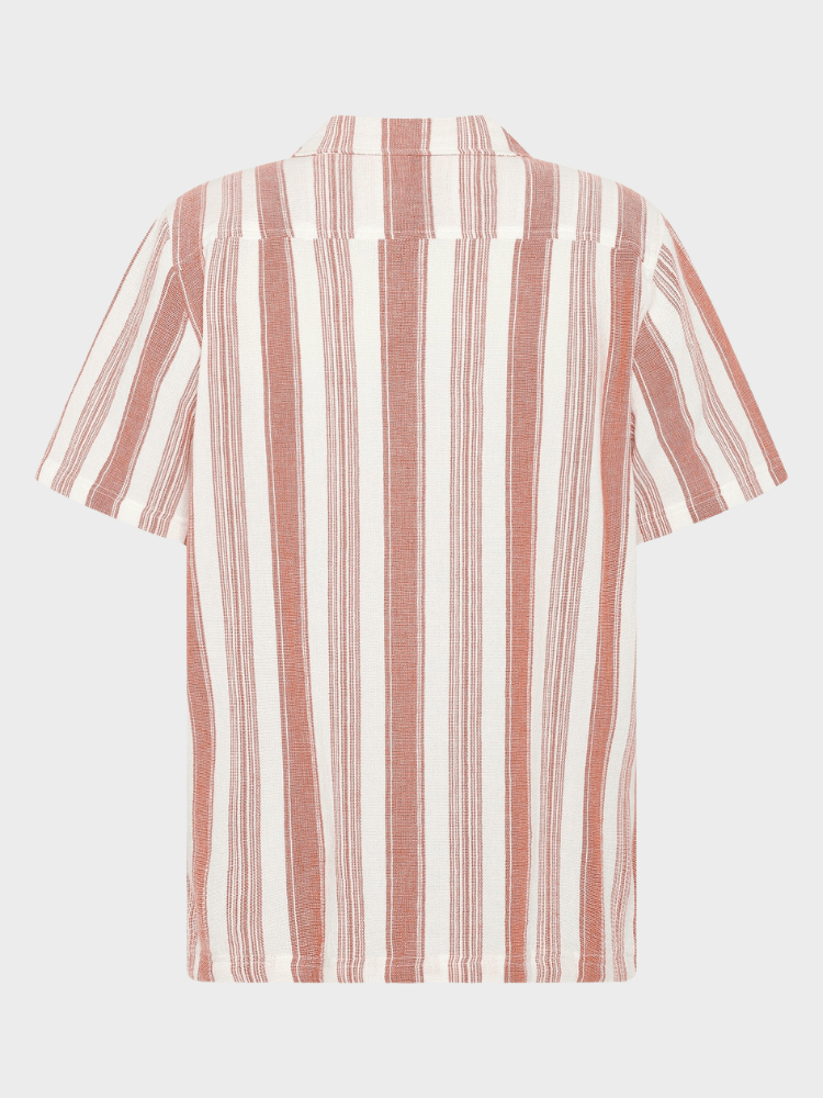 KNOWLEDGE COTTON APPAREL Stribet Skjorte m/korte ærmer - Herre - Red Stripe