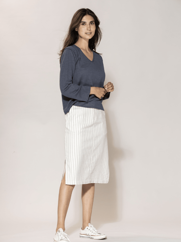 Lizzie cotton/linen striped Skirt - Dame - Cream w/Dusty Navy - Gumpel & Co