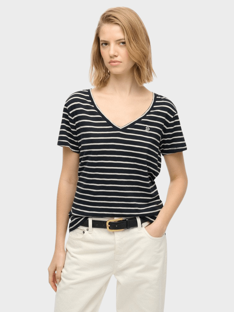 Studios Slub Embroidered T-shirt - Dame - Navy / Optic Stripe - Gumpel & Co