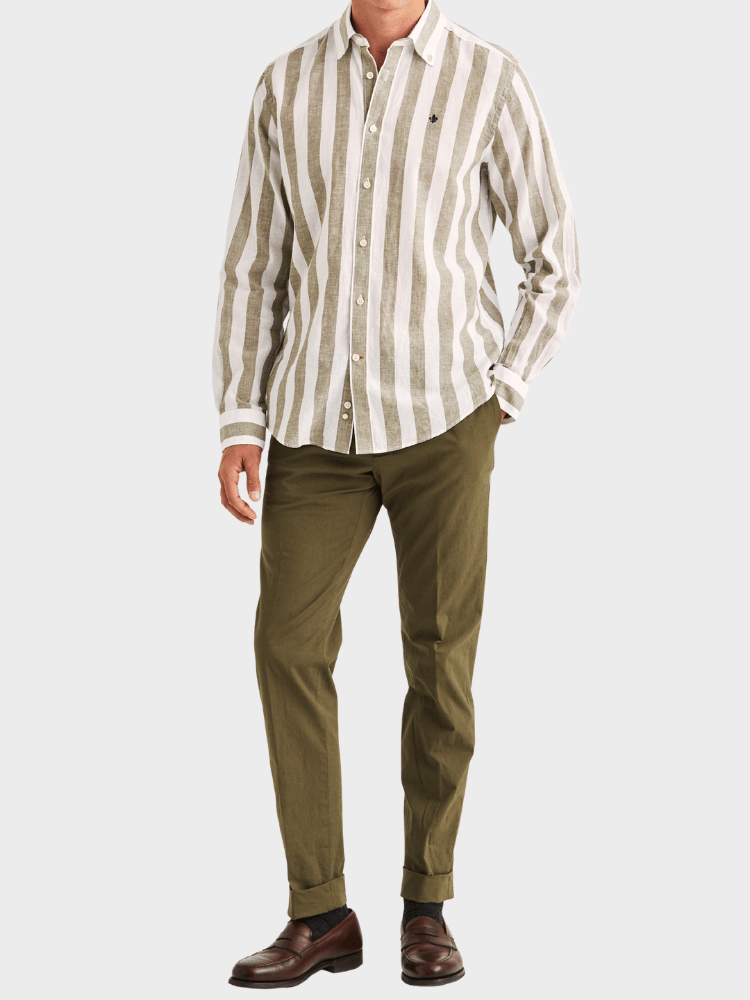 Morris Douglas Linen Mix Stripe Shirt-Classic Fit - Olive