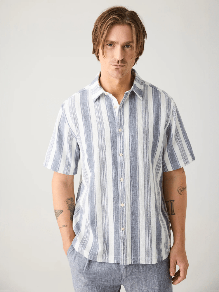 KNOWLEDGE COTTON APPAREL Stribet skjorte m/korte ærmer - Herre - Blue stripe