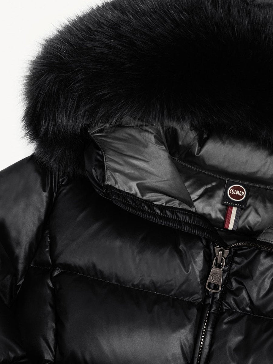 Women's Long Iridescent Dunjakke m. Pelskrave - Dame - Black - Gumpel & Co