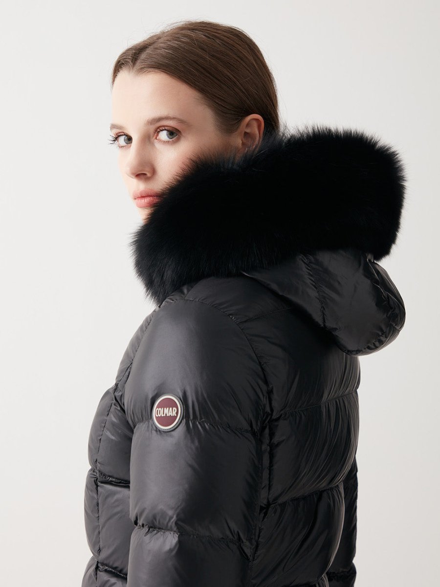 Women's Long Iridescent Dunjakke m. Pelskrave - Dame - Black - Gumpel & Co