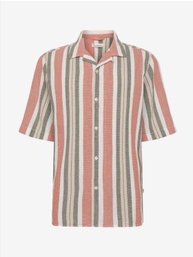 KnowledgeCotton Apparel - Men's Box Short Sleeve Striped Cotton Shirt - Green Stripe